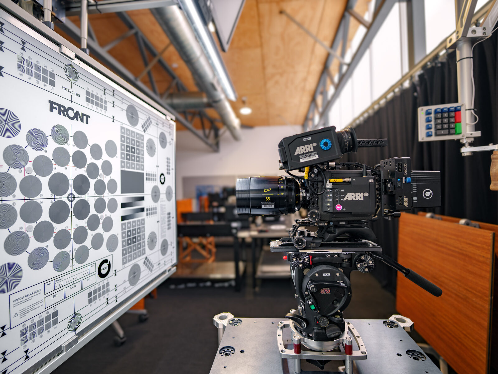 An ARRI camera with a Cooke lens set up in front of The Front's test chart in the Test Room